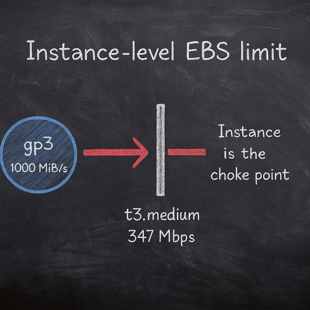 Blackboard diagram: fast gp3 volume (1,000 MiB/s) throttled by instance EBS bandwidth limit (347 Mbps).