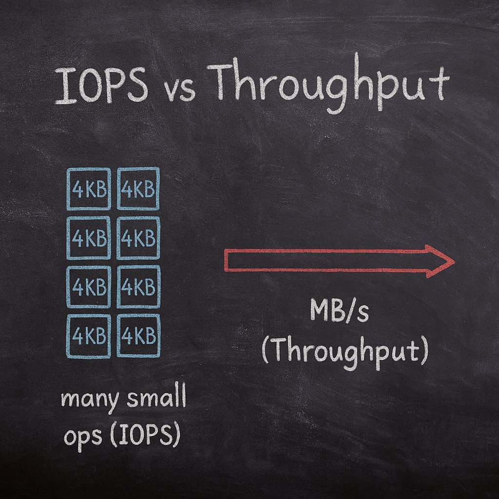 Blackboard diagram contrasting IOPS (many small 4 KB ops) with throughput measured in MB/s.