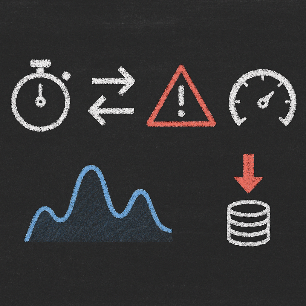 Chalkboard tracing concepts: latency, dependency arrows, error triangle, throughput graph, data export (white, blue, red).