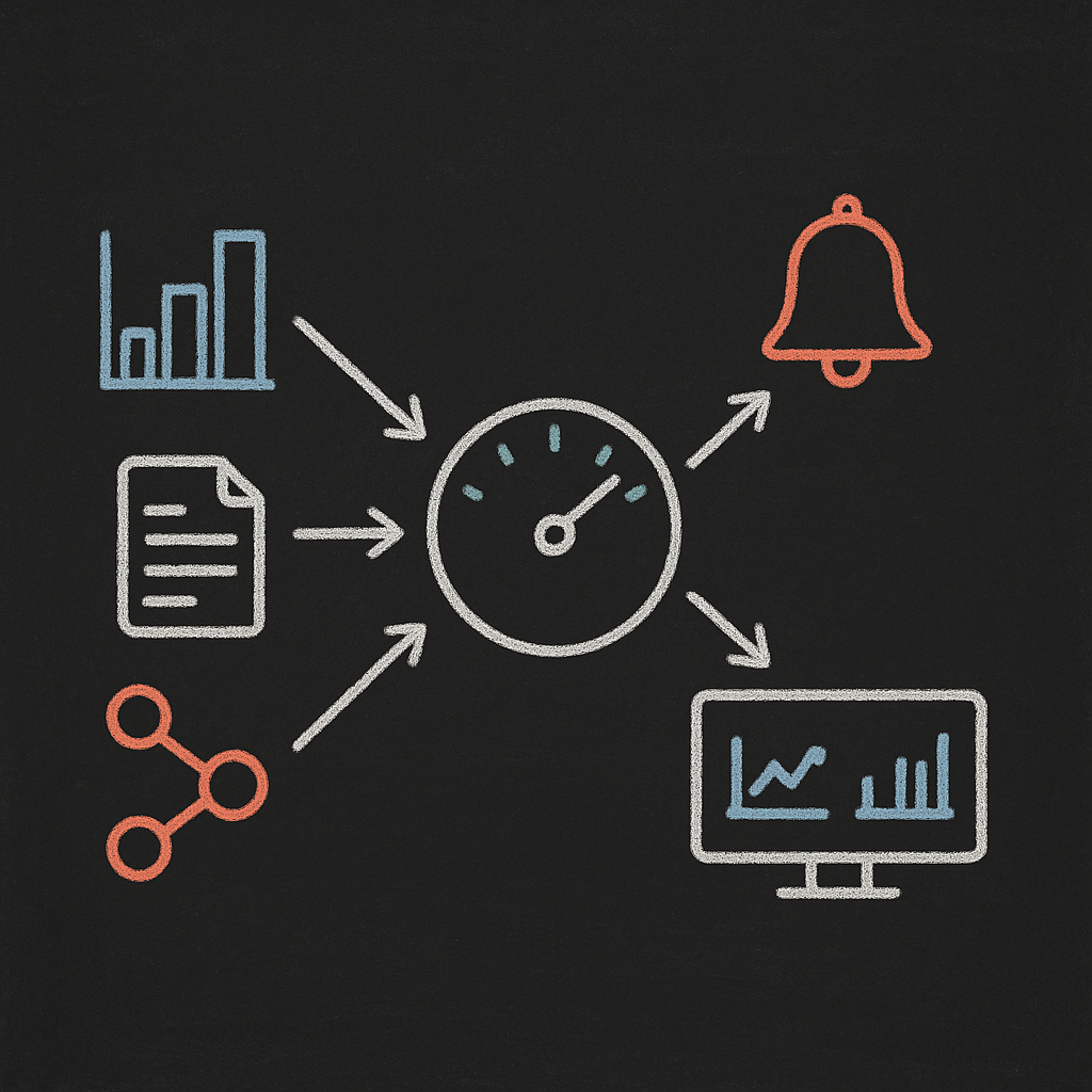 Chalkboard icons for alarms, dashboards, and anomaly detection around a gauge (white, blue, red).