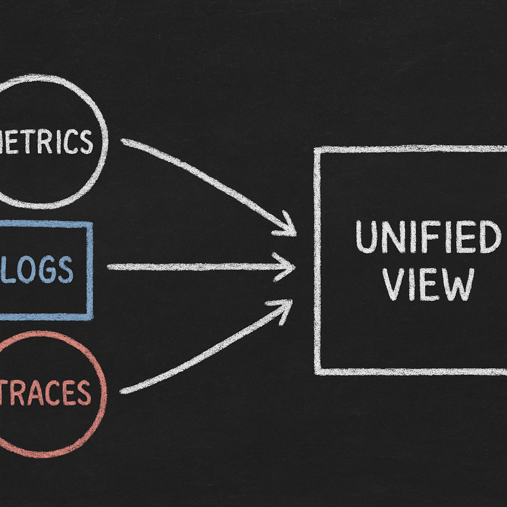 Chalkboard diagram: metrics, logs, traces converging into a unified view (white, blue, red).