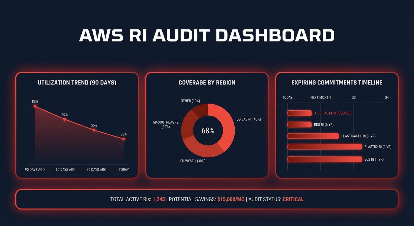 AWS RI audit dashboard mockup showing utilization trends, coverage by region, and an expiring commitments timeline.