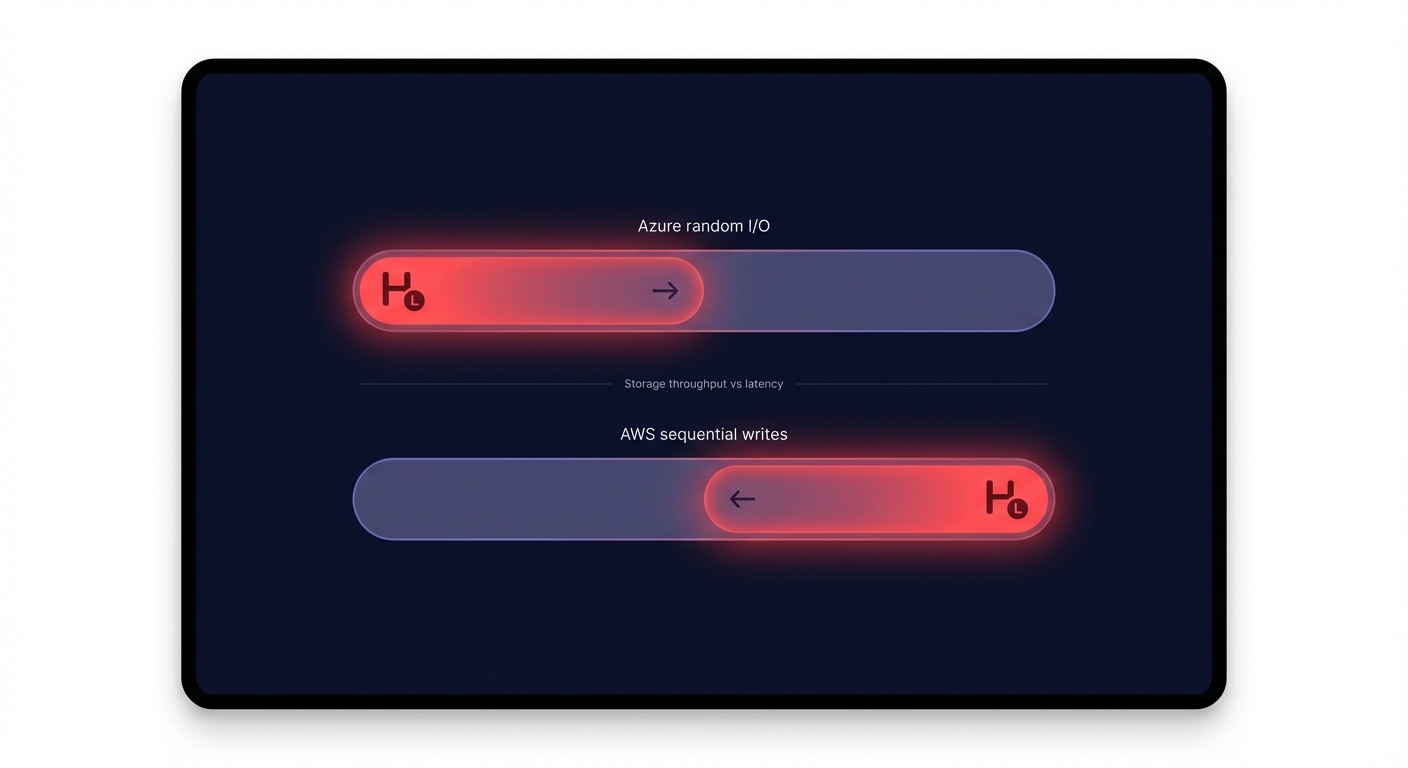 Minimal cloud performance benchmark infographic showing AWS and Azure storage throughput and I/O latency trade-offs