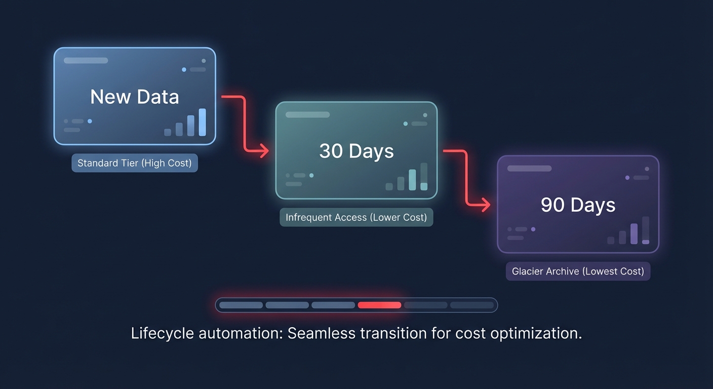 Dashboard-style illustration of S3 lifecycle automation moving data from standard storage to infrequent access and archive after 30 and 90 days.