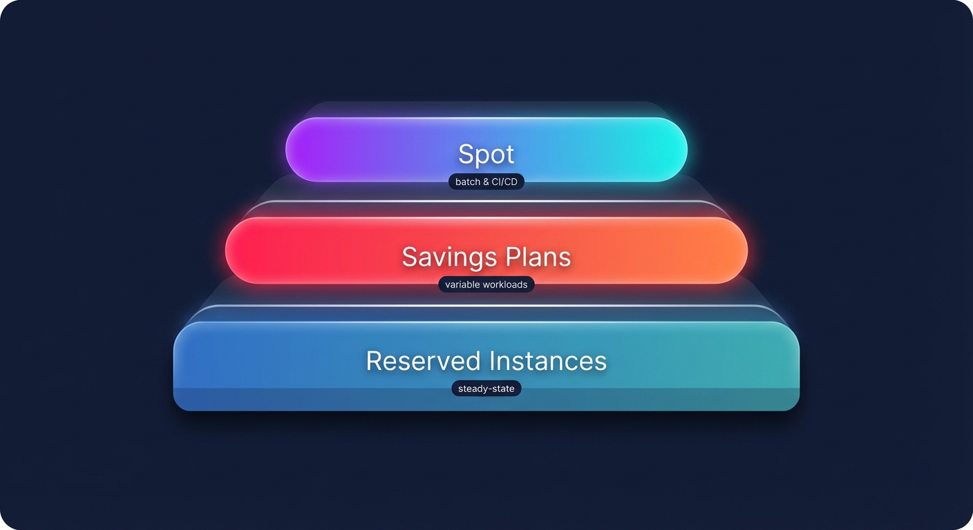 Minimal financial portfolio infographic showing layered Reserved Instances, Savings Plans, and Spot Instances on a dark navy background.
