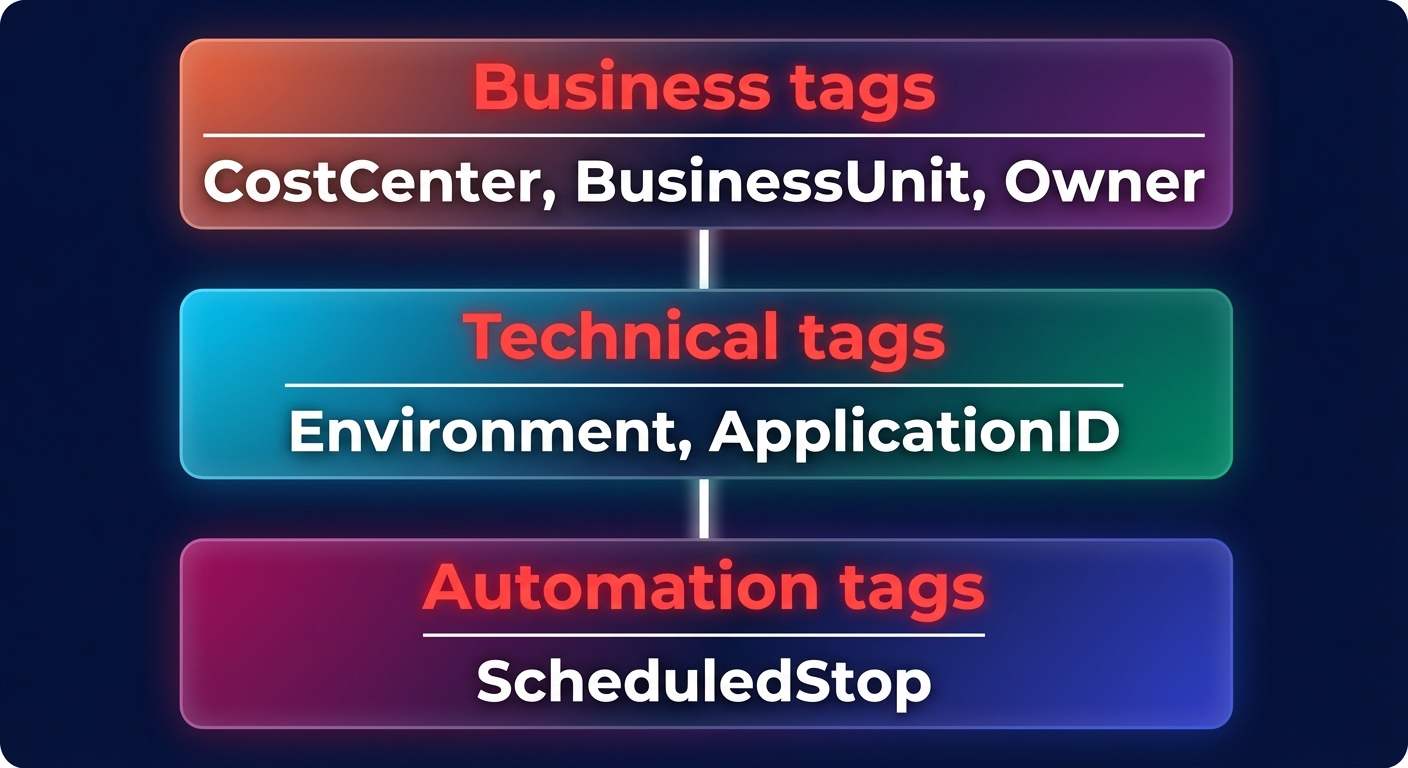 Diagram of AWS cost allocation tagging taxonomy showing business, technical, and automation tags