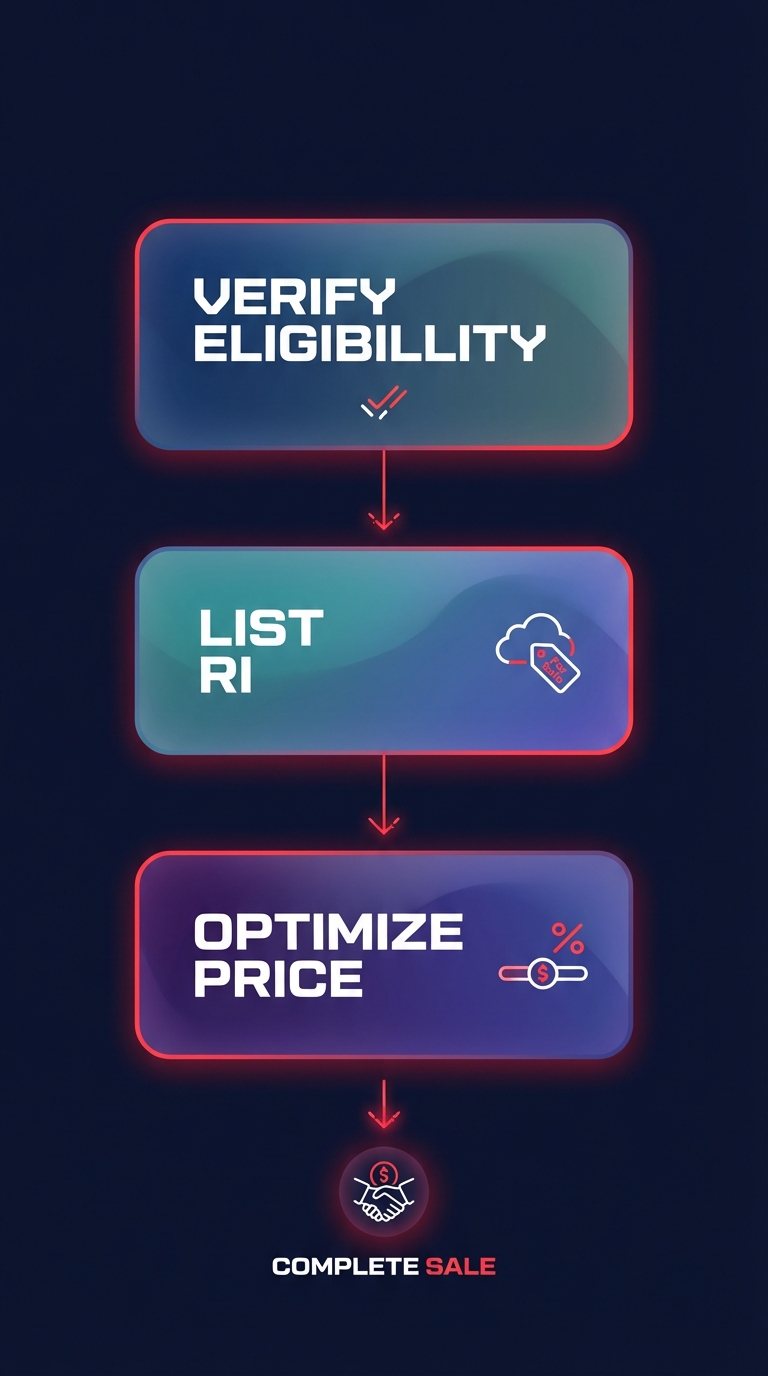 Minimal infographic on a dark navy background showing the step-by-step process to list and sell an AWS Reserved Instance on the RI Marketplace.