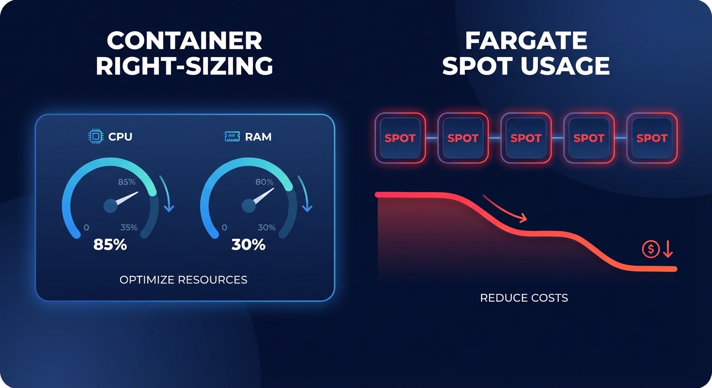 Minimalist dashboard infographic illustrating container right-sizing of CPU and RAM and Fargate Spot usage to reduce AWS costs.