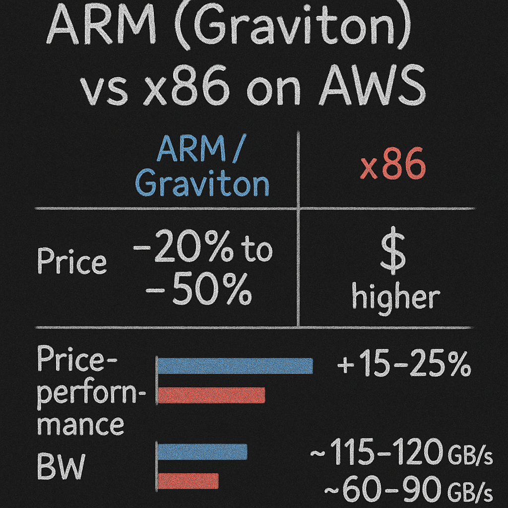 Chalkboard comparison of ARM/Graviton vs x86 on AWS: 20–50% lower price, 15–25% better price-performance, bandwidth ~115–120 vs ~60–90 GB/s