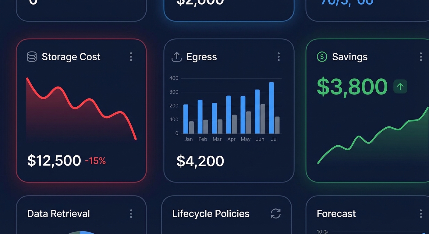 Modern SaaS analytics dashboard visualizing S3 storage cost, egress, and savings for improved visibility and optimization.