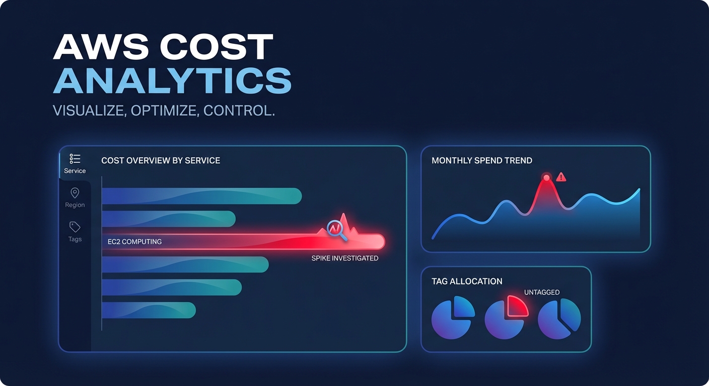 Modern dashboard illustration of AWS cost analytics showing charts and graphs for Cost Explorer usage.