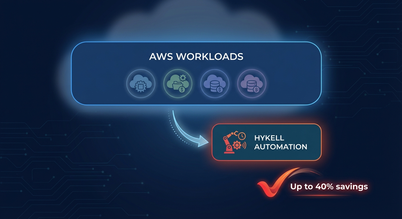 Simple SaaS-style infographic illustrating AWS cost optimization with Hykell automation and up to 40 percent savings
