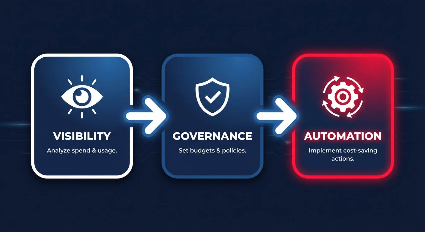 Simple automation workflow infographic illustrating end-to-end AWS cost optimization from monitoring to executed savings.