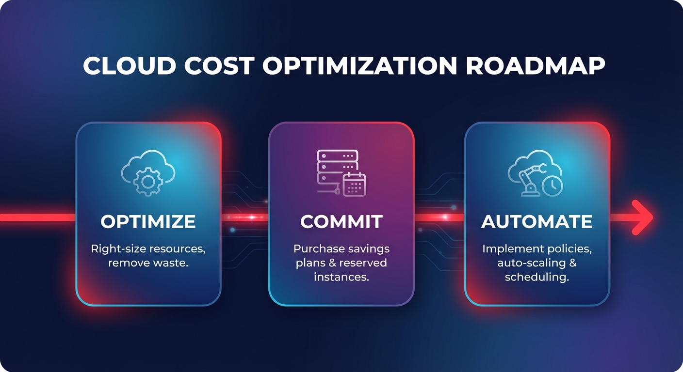 Cloud cost optimization roadmap infographic showing steps to optimize, commit, and automate AWS spending.