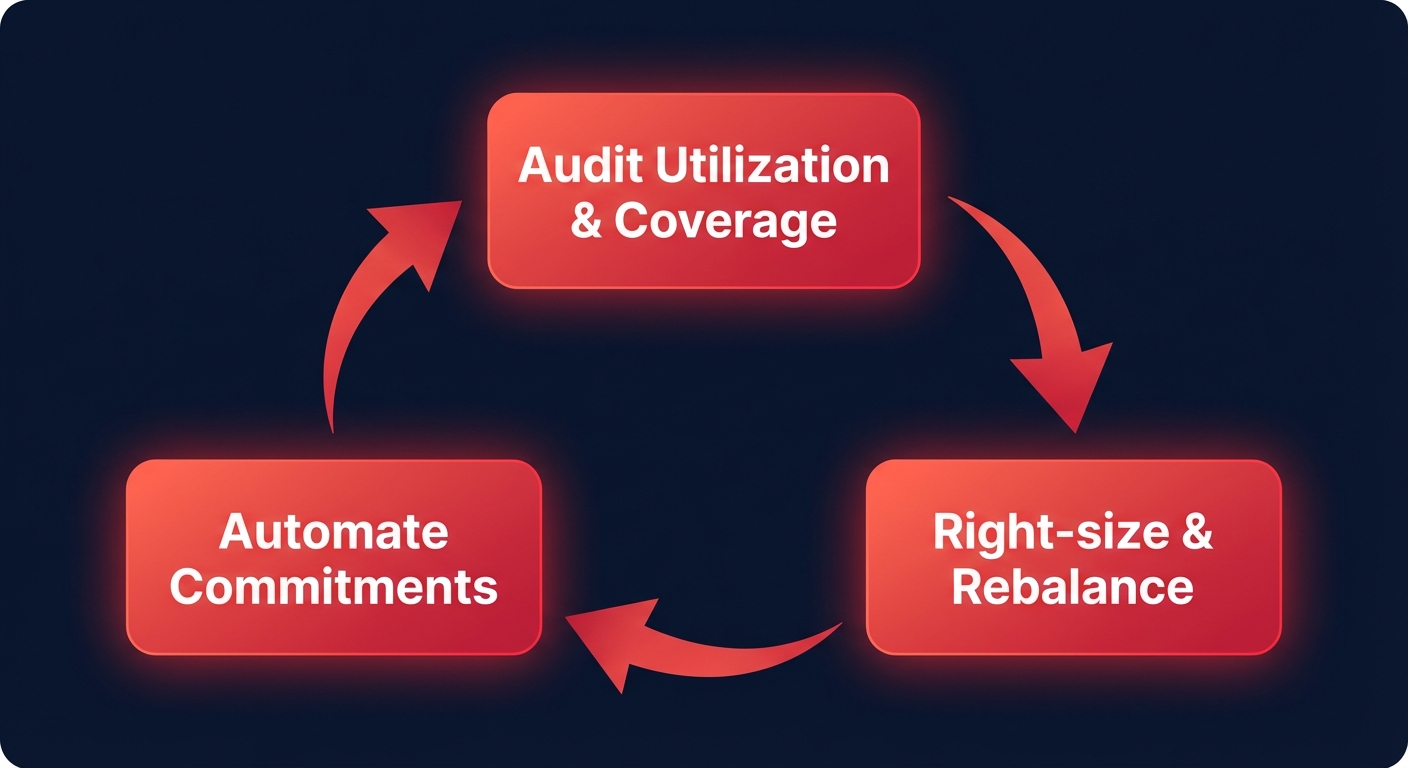 Simple workflow diagram illustrating an AWS RI optimization loop of auditing utilization and coverage, right-sizing and rebalancing, and automating commitments.