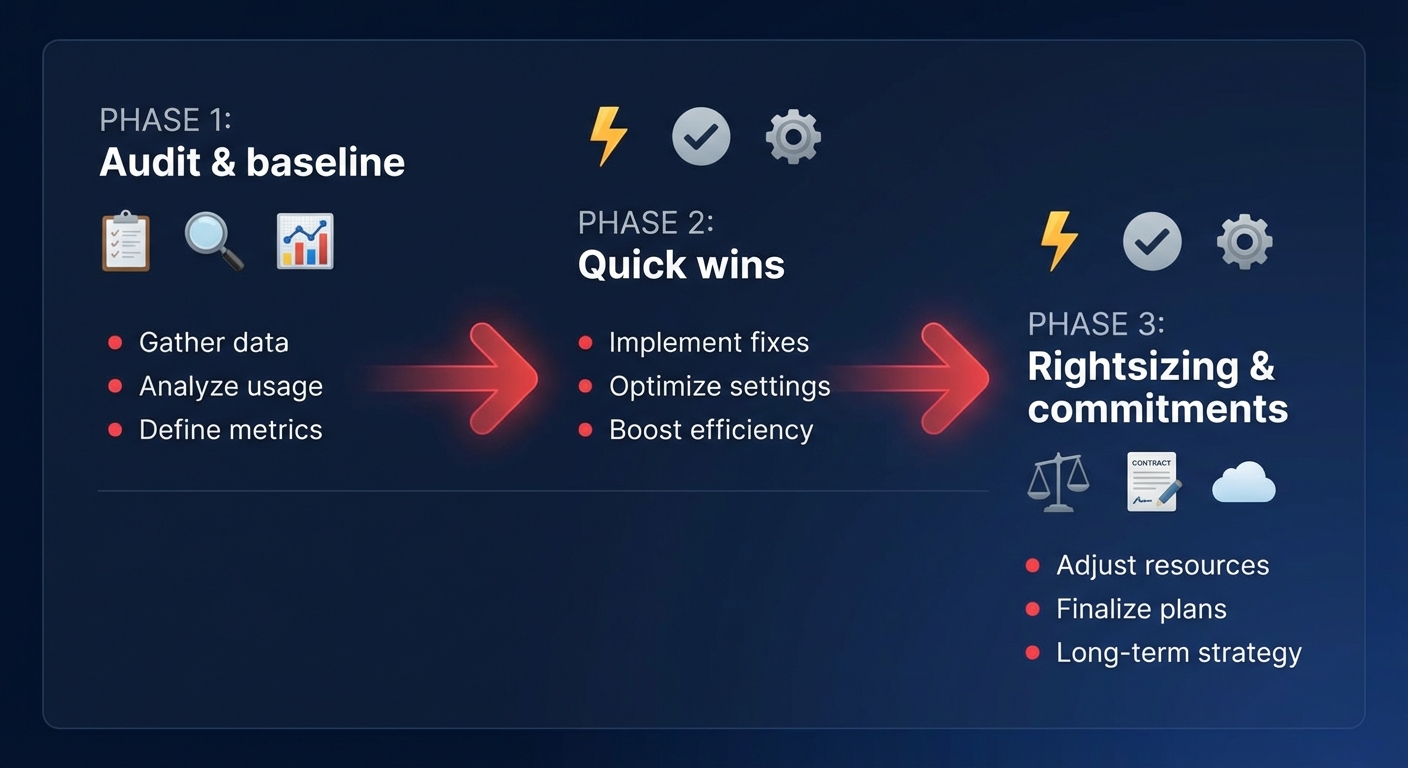 Step-by-step 90-day AWS cloud optimization roadmap infographic with three phases: audit and baseline, quick wins, and rightsizing with commitments