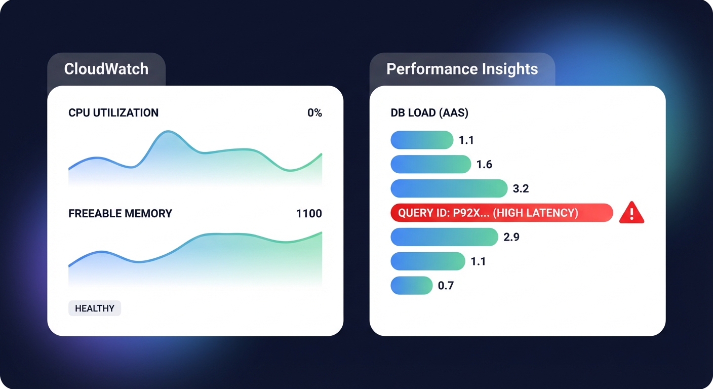 CloudWatch and Performance Insights dashboard illustrating Amazon RDS for MySQL performance metrics and a high-latency query bottleneck.