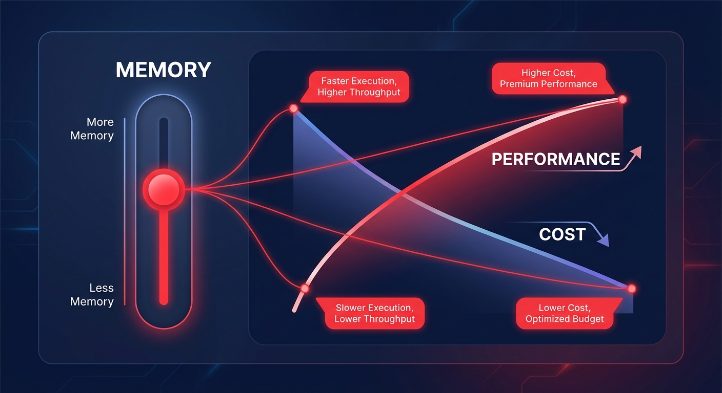 Infographic showing how increasing AWS Lambda memory affects performance and cost trade-offs.