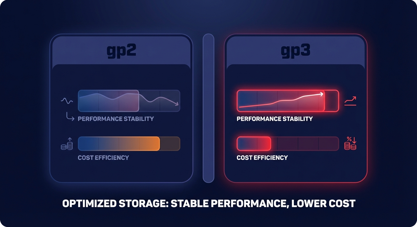 Minimalist comparison infographic showing gp2 versus gp3 Amazon RDS storage with more stable performance and lower cost on gp3.