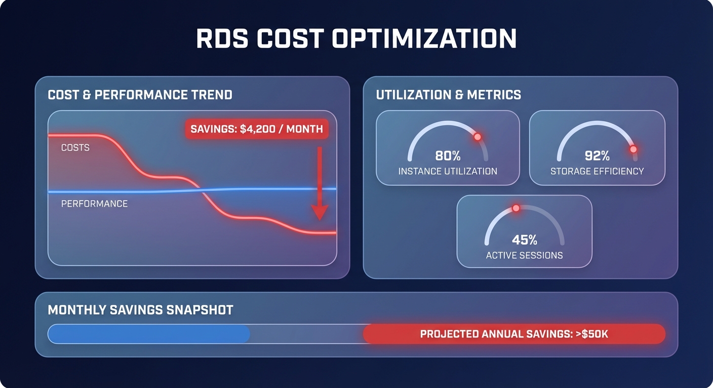 RDS cost optimization dashboard infographic highlighting reduced costs, stable performance, and utilization metrics for Amazon RDS.